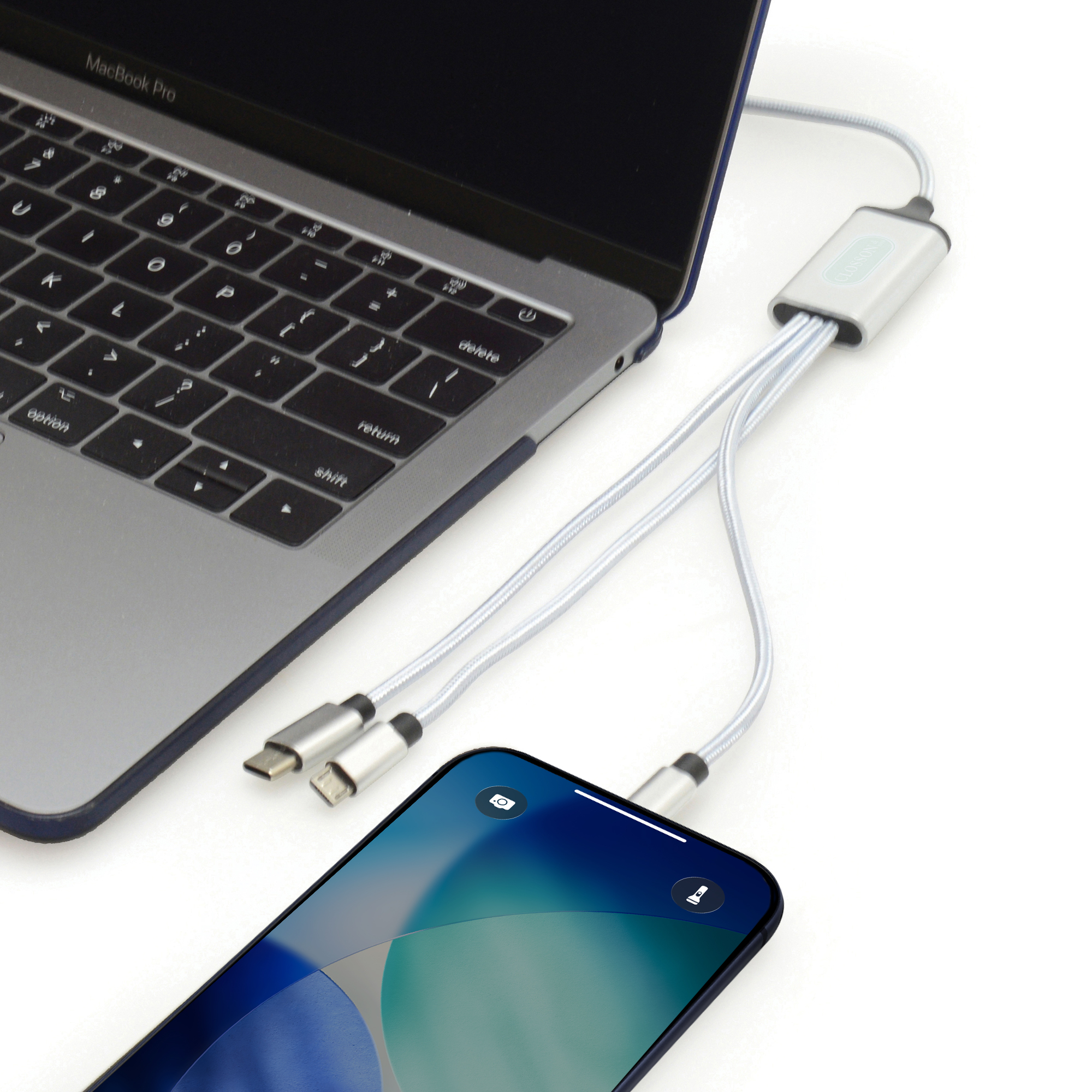 105cm 10W charger with woven polyester cable, dual USB-A/USB-C power adapter and USB-C, 8-pin lightening and micro USB connectors. Laser engraving allows your logo to be lit up when in use. Engraving to both sides at an additional cost.