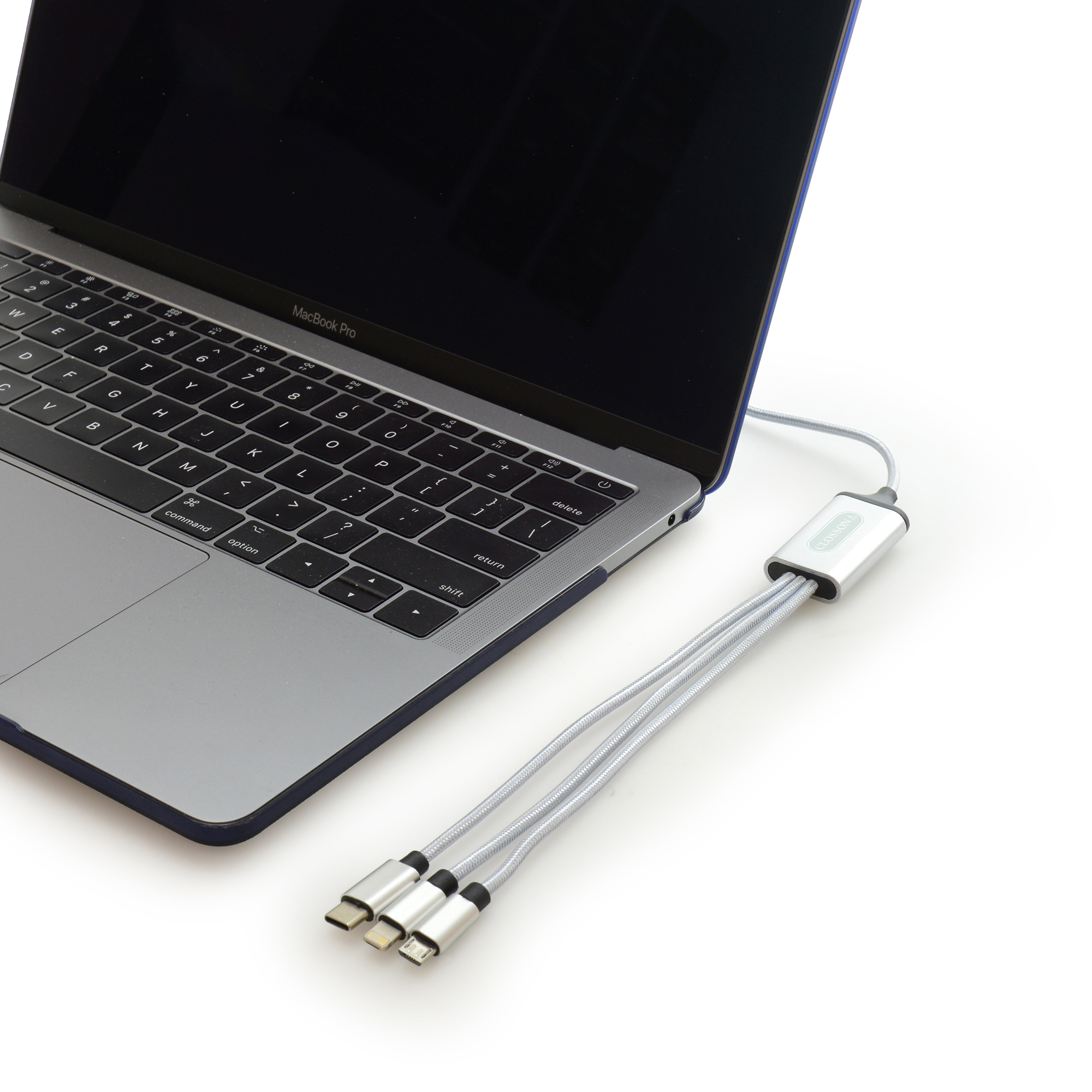 105cm 10W charger with woven polyester cable, dual USB-A/USB-C power adapter and USB-C, 8-pin lightening and micro USB connectors. Laser engraving allows your logo to be lit up when in use. Engraving to both sides at an additional cost.