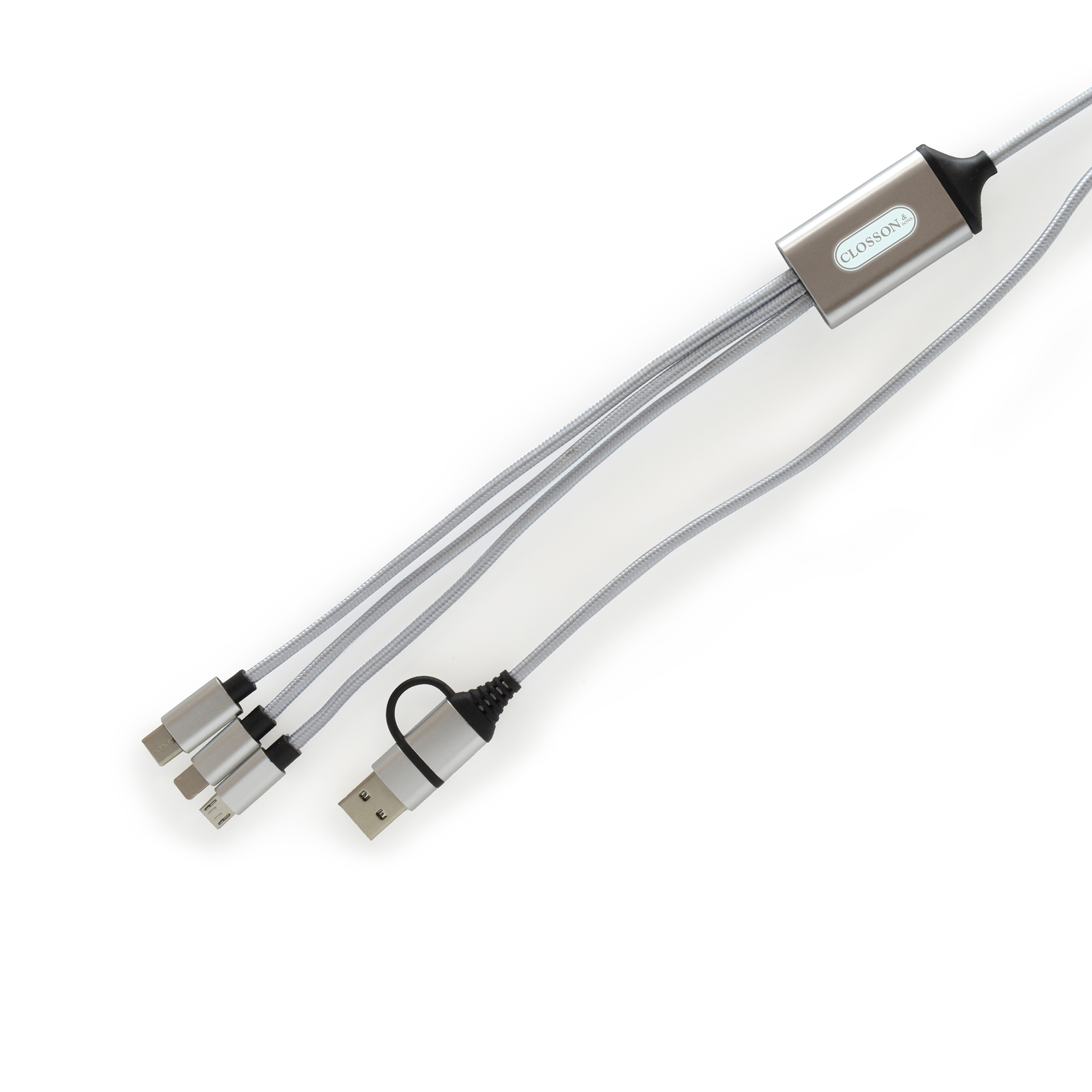 105cm 10W charger with woven polyester cable, dual USB-A/USB-C power adapter and USB-C, 8-pin lightening and micro USB connectors. Laser engraving allows your logo to be lit up when in use. Engraving to both sides at an additional cost.