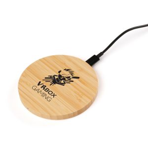 Circular bamboo 5W wireless charger with a 30cm USB-C to USB-C cable. Please note due to the finish of the bamboo material, spot printing can be inconsistent on this product. Compatible with most Qi enabled wireless charging phones.