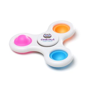 Fun popping fidget spinner with 3 coloured silicone poppers in a white plastic frame. Ideal for schools, training centres, and giveaways. Includes 1 colour print to the centre.