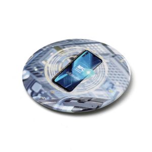 Metal button badge with a secure safety pin back for easy attachment to clothing, embedded with an NFC chip for instant sharing of links, contact details, or digital content just tap with any compatible device.