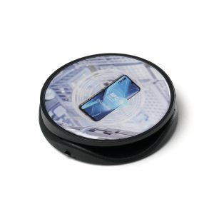 Slim plastic 2-in-1 phone stand featuring a domed sticker finish, embedded with an NFC chip. Instantly share digital information, links, or contact detail, just tap with any compatible device.