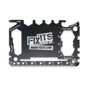 Stainless steel credit card–sized multi-tool with screwdrivers, bottle opener, wrenches, ruler, box opener, wire cutter and more. Other shapes and PU sleeve available at an additional cost.