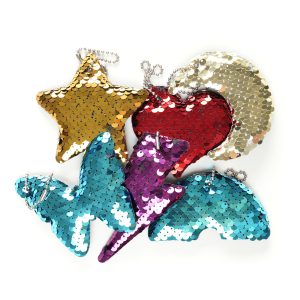 Available in star, butterfly, lightning bolt, rainbow, heart and moon shapes. One-sided sequins with a soft velvet backing and sponge-filled interior with logo printing available on the back.