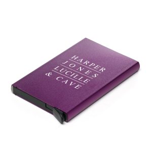 Sleek aluminium case that fits up to 5 cards. Protects against RFID skimming. Logo engraved to one side.