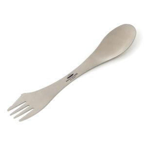 Stainless steel spork combining fork, spoon and a serrated knife edge in one handy tool. A practical giveaway for camping, outdoor adventures and meals on the go.