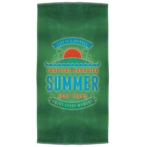 50% cotton, 50% polyester towel with full colour branding to one side.